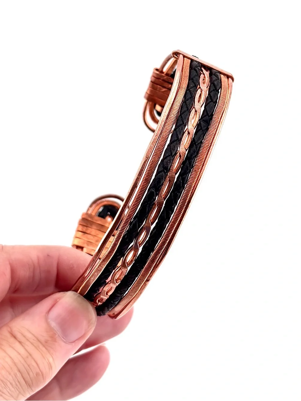 HANDMADE Faux Braided Leather and Copper Wire Wrapped Masculine Cuff Bracelet